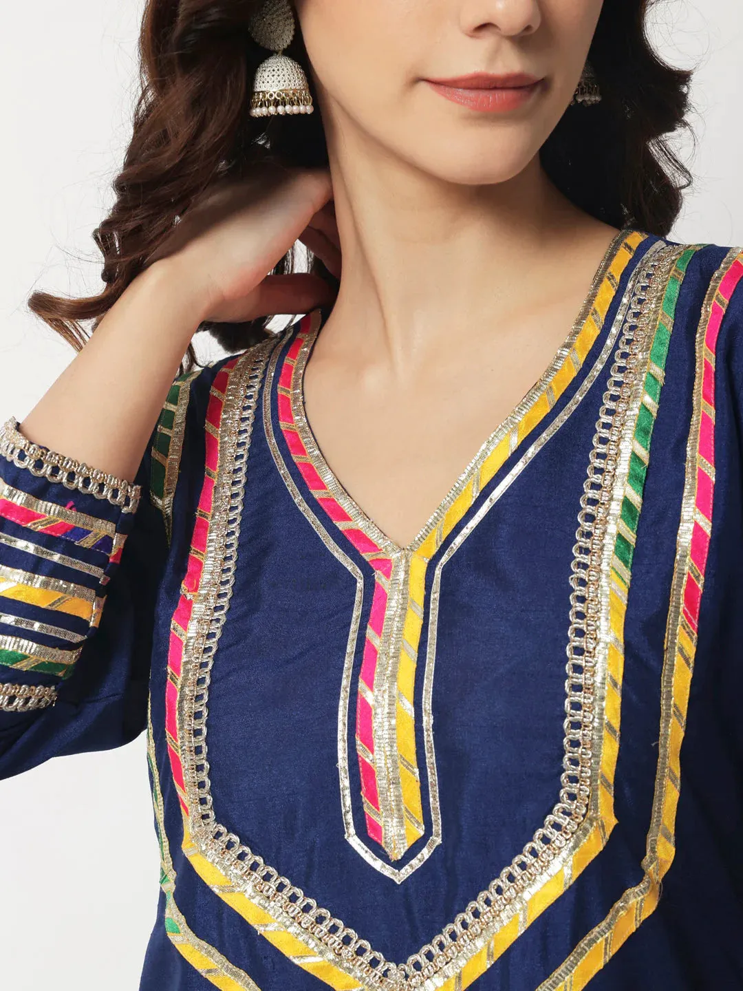 Navy Blue Croma Silk Embellished Kurta with Kalidar Palazzo with Leheriya Oraganza Dupatta