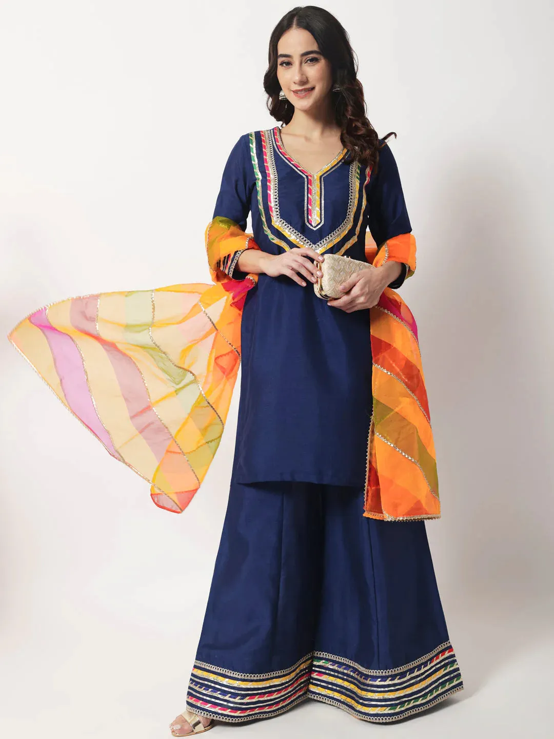 Navy Blue Croma Silk Embellished Kurta with Kalidar Palazzo with Leheriya Oraganza Dupatta