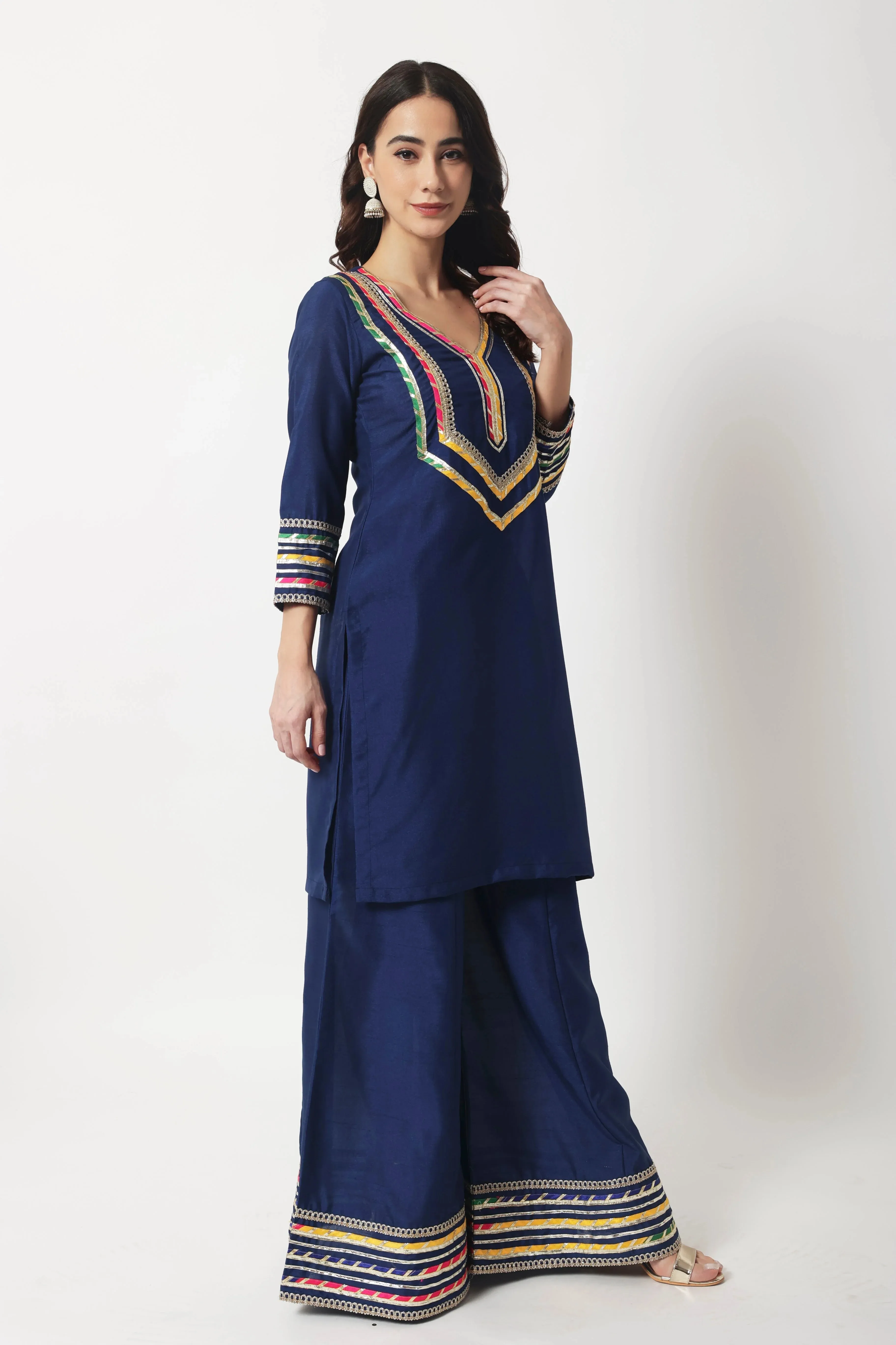 Navy Blue Croma Silk Embellished Kurta with Kalidar Palazzo with Leheriya Oraganza Dupatta