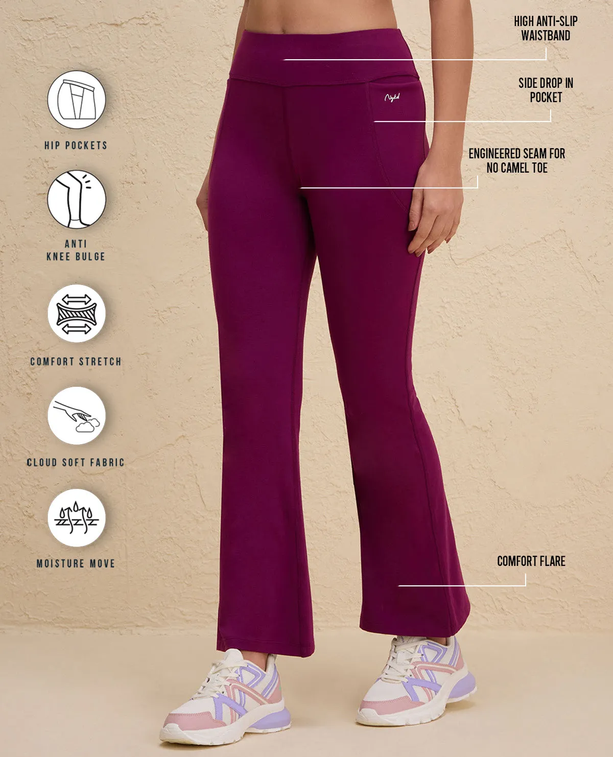 Nykd By Nykaa Iconic Cotton Flare Leggings with Pockets-NYAT503-Wine