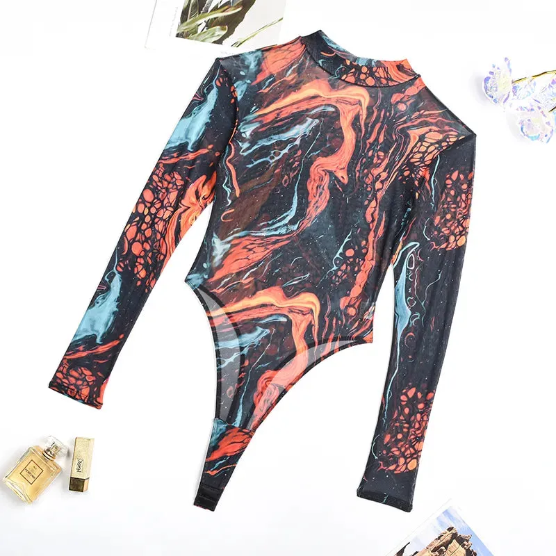 Oil Print Mesh Bodysuit