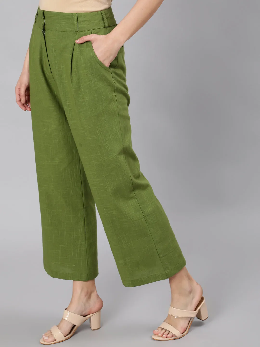 Olive Green Cotton Slub Flared High Rise Parallel Pants