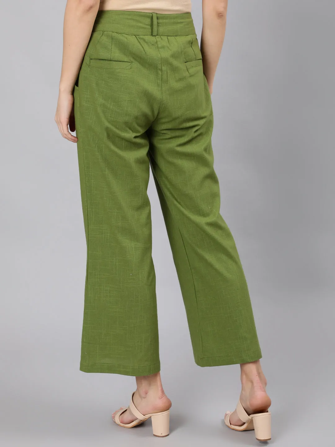 Olive Green Cotton Slub Flared High Rise Parallel Pants