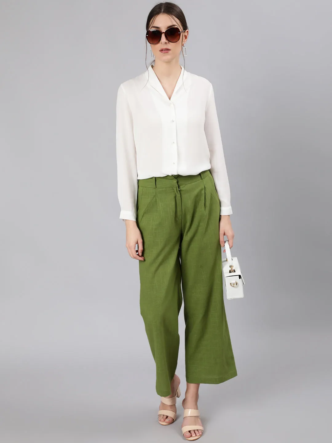 Olive Green Cotton Slub Flared High Rise Parallel Pants