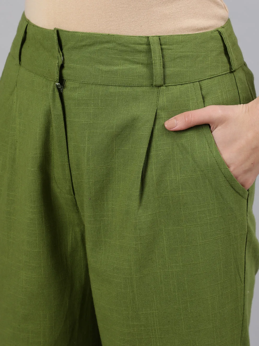 Olive Green Cotton Slub Flared High Rise Parallel Pants