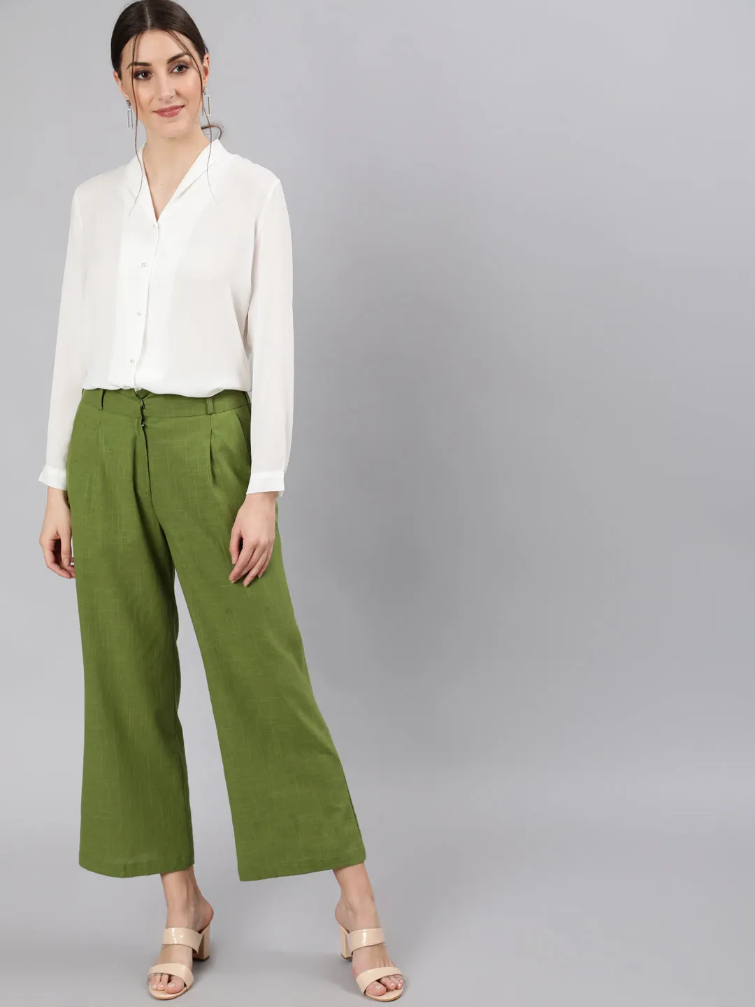 Olive Green Cotton Slub Flared High Rise Parallel Pants