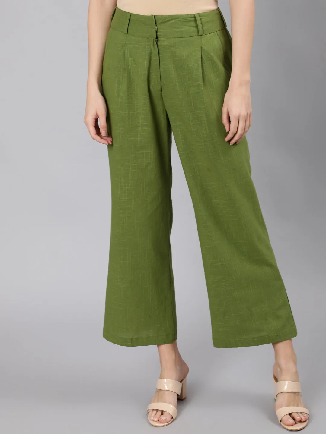 Olive Green Cotton Slub Flared High Rise Parallel Pants