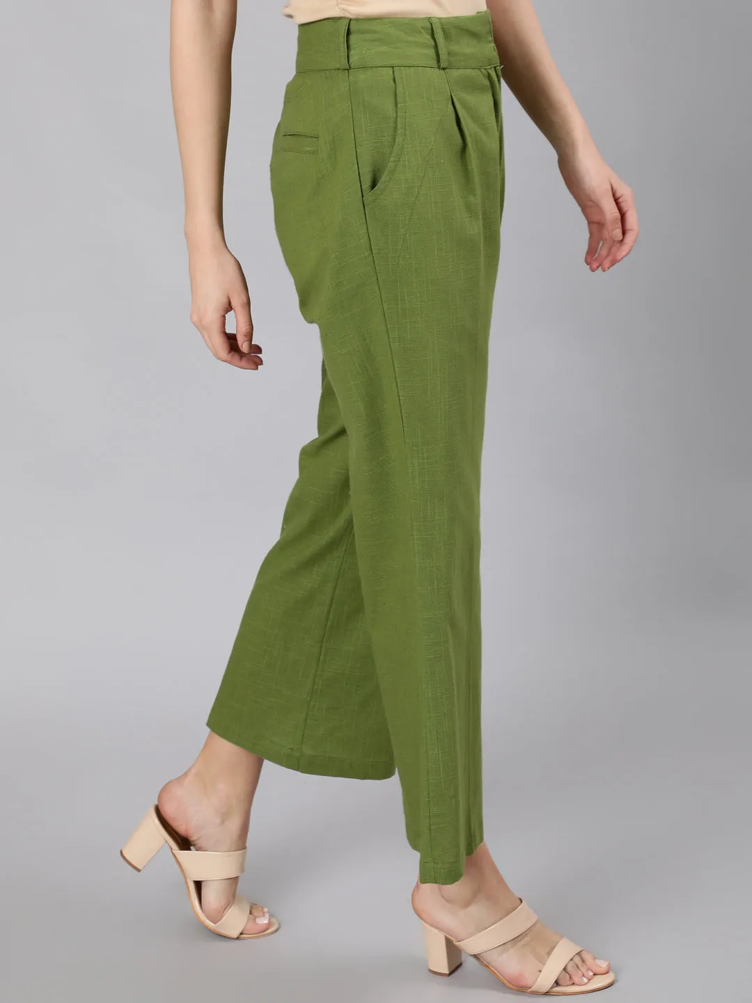 Olive Green Cotton Slub Flared High Rise Parallel Pants