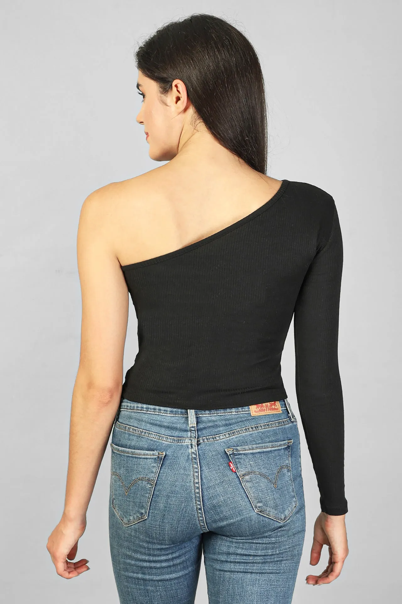 ONE SHOULDER WAIST TIE-UP RIBBED CROP TOP