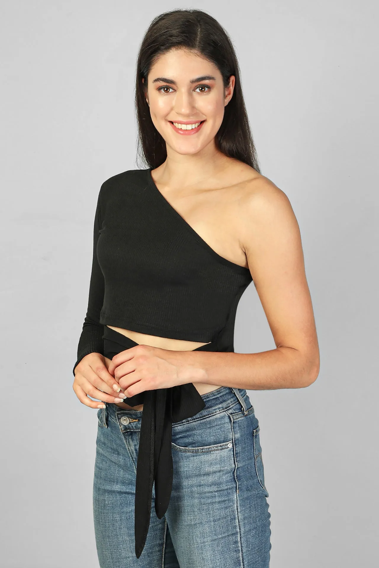 ONE SHOULDER WAIST TIE-UP RIBBED CROP TOP