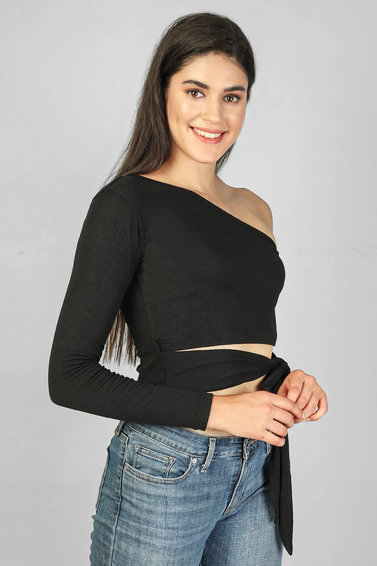 ONE SHOULDER WAIST TIE-UP RIBBED CROP TOP