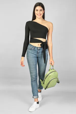 ONE SHOULDER WAIST TIE-UP RIBBED CROP TOP