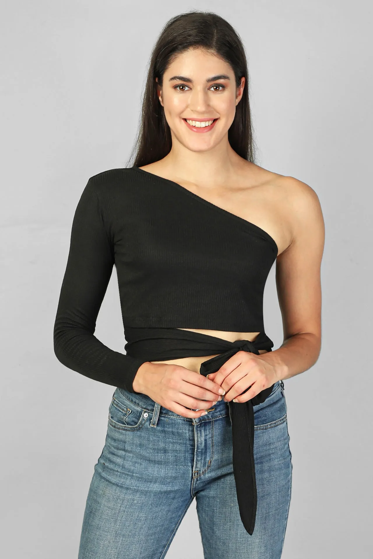 ONE SHOULDER WAIST TIE-UP RIBBED CROP TOP