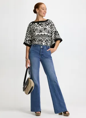 Paisley Poncho Top & Flared Denim Pants