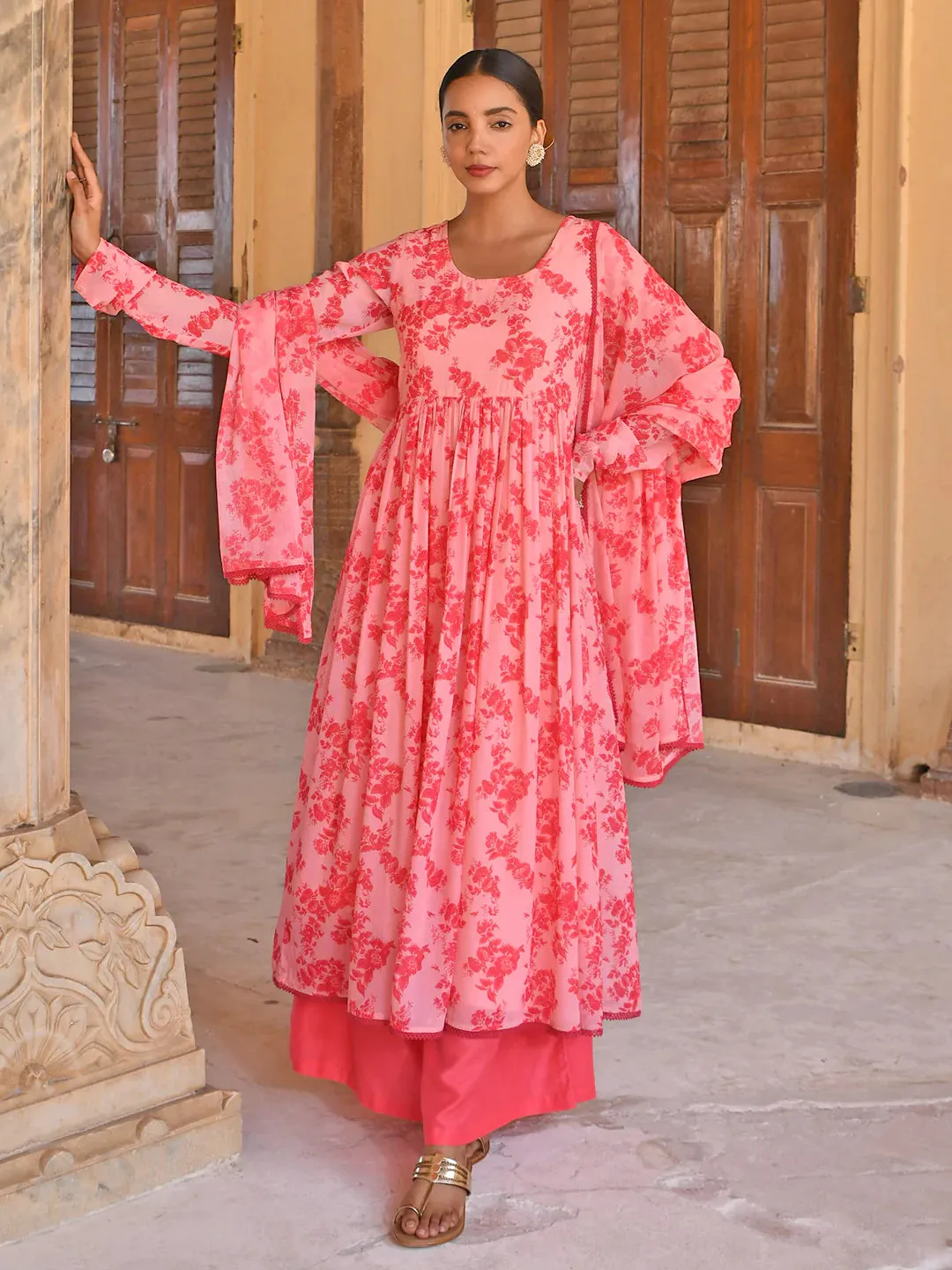 Pink Georgette Floral Print Anarkali Kurta with Mul Cotton Palazzo Pants and Georgette Dupatta