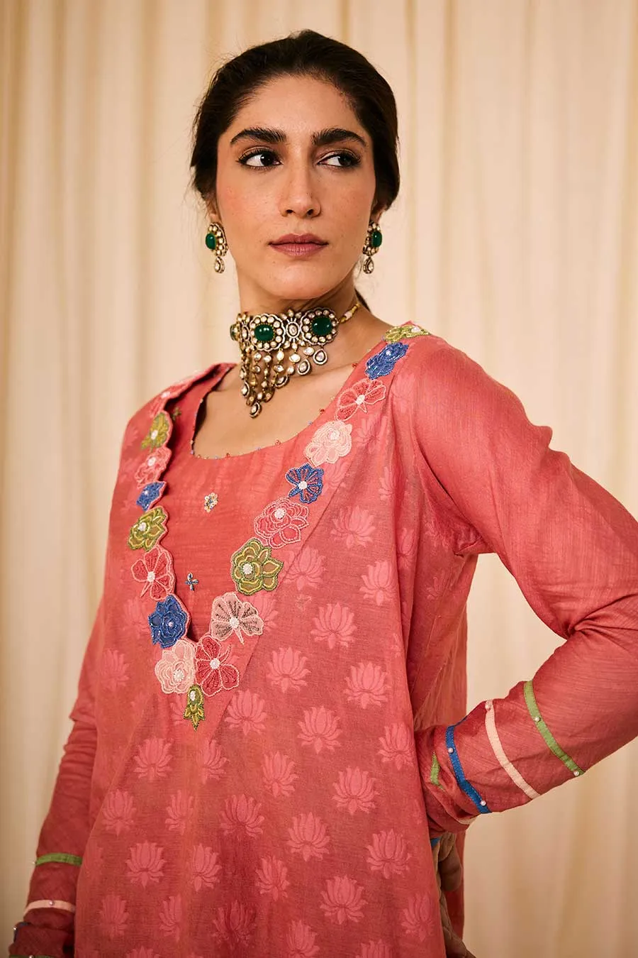 Pink Jacquard Embroidered Slip Kurta & Palazzo Set