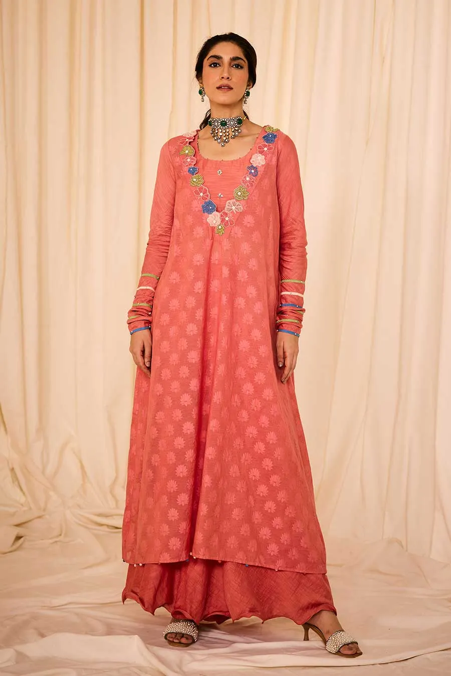 Pink Jacquard Embroidered Slip Kurta & Palazzo Set