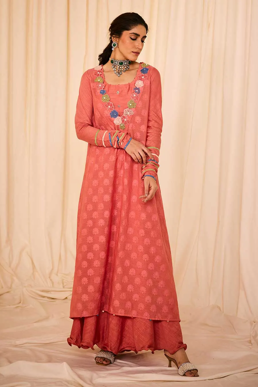 Pink Jacquard Embroidered Slip Kurta & Palazzo Set