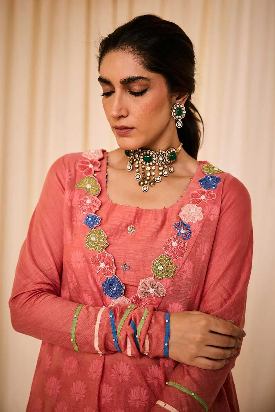 Pink Jacquard Embroidered Slip Kurta & Palazzo Set