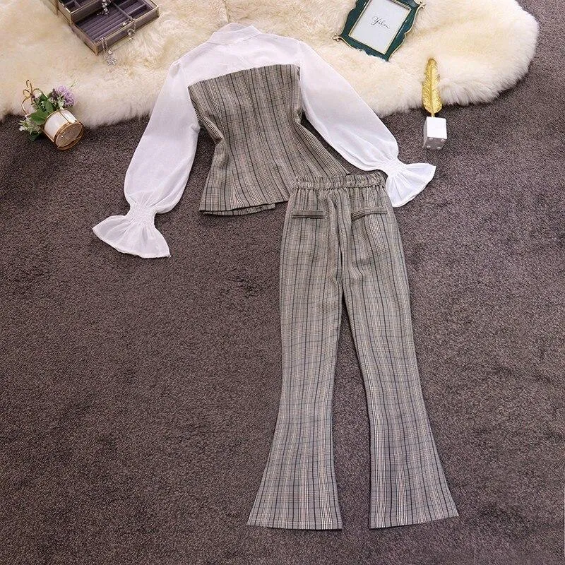 Plaid Patchwork Women's Suit With Flared Pants