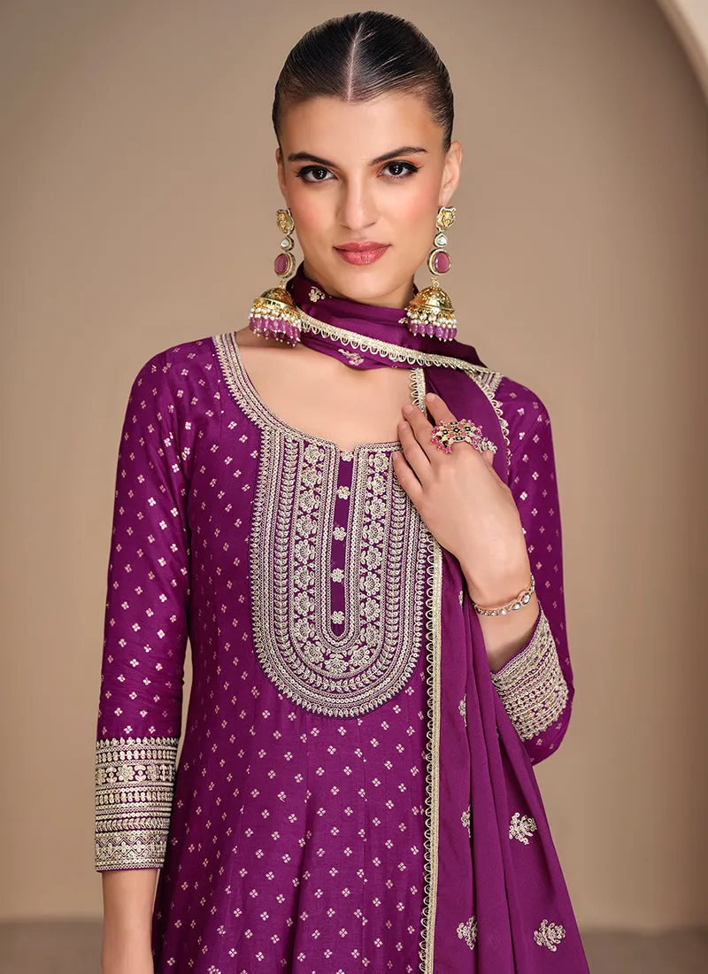 Plum Purple Embroidery Silk Anarkali Suit