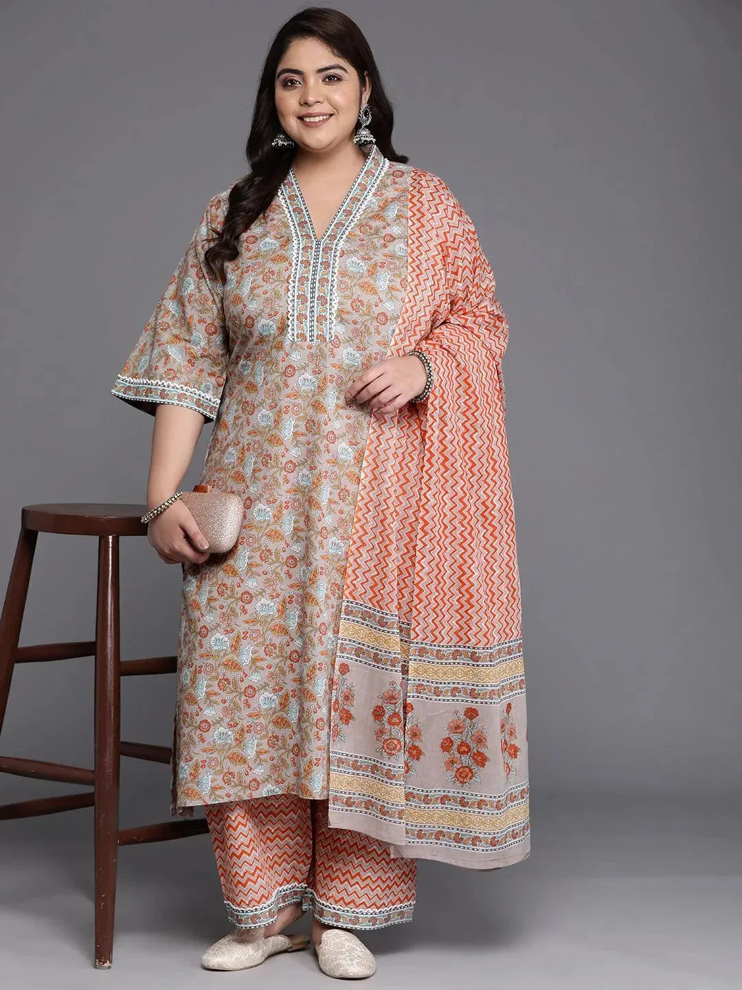 Plus Size Grey Printed Cotton A-Line Kurta With Trousers & Dupatta