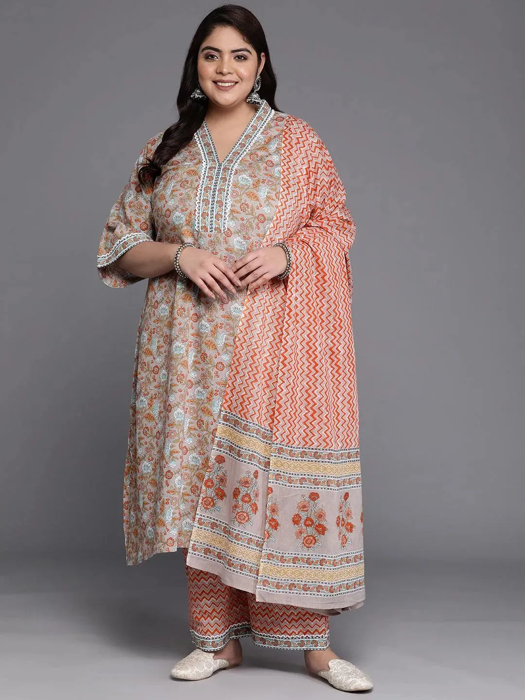 Plus Size Grey Printed Cotton A-Line Kurta With Trousers & Dupatta