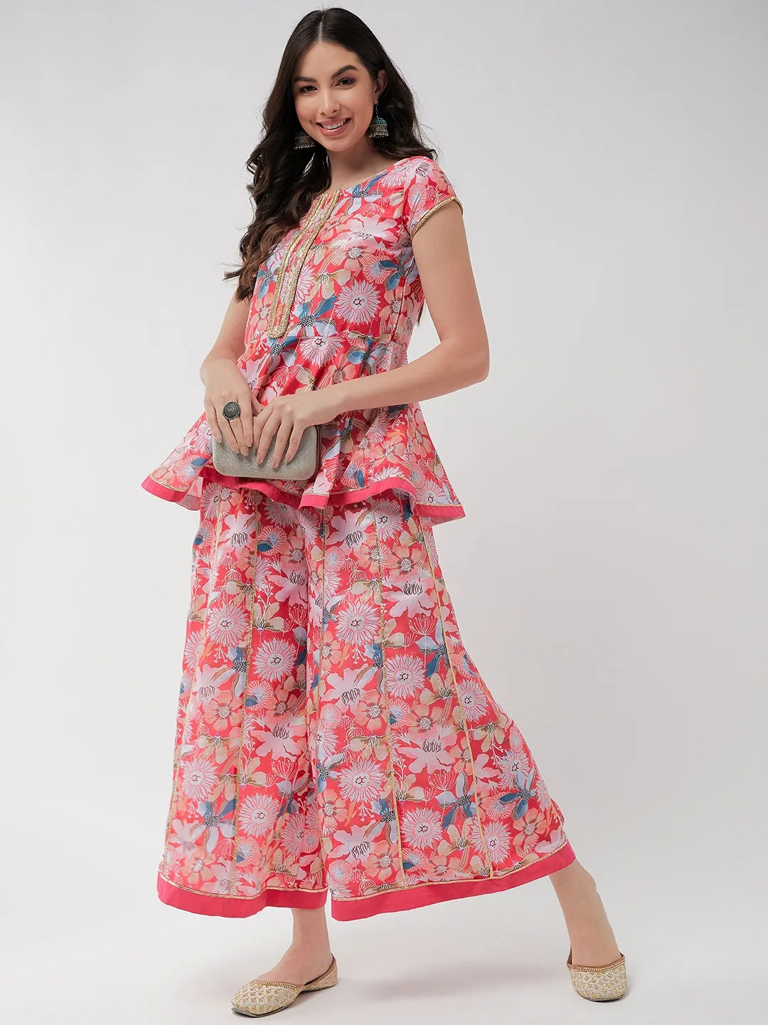 Printed Short Peplum Kurta With Lace Details And Panelled Flared Pant Set