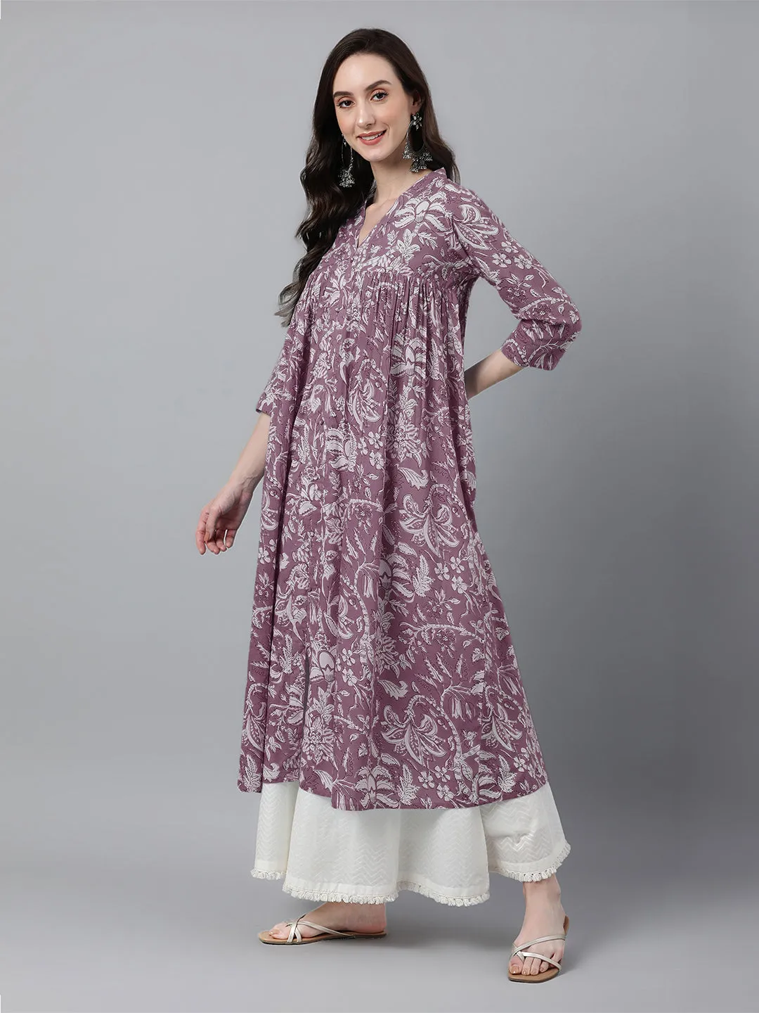 Purple Pure Cotton Floral Printed Flared Kurta