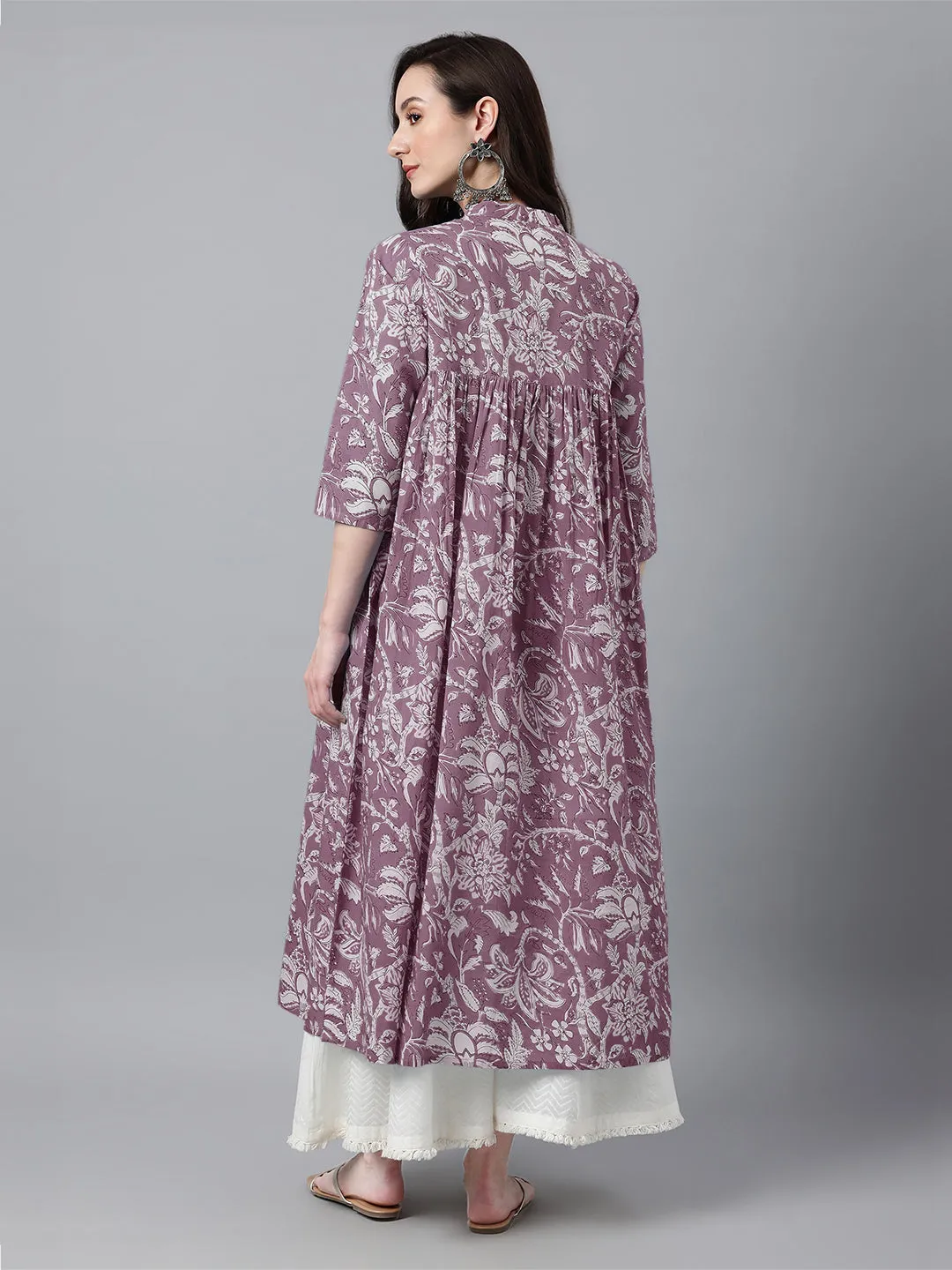 Purple Pure Cotton Floral Printed Flared Kurta