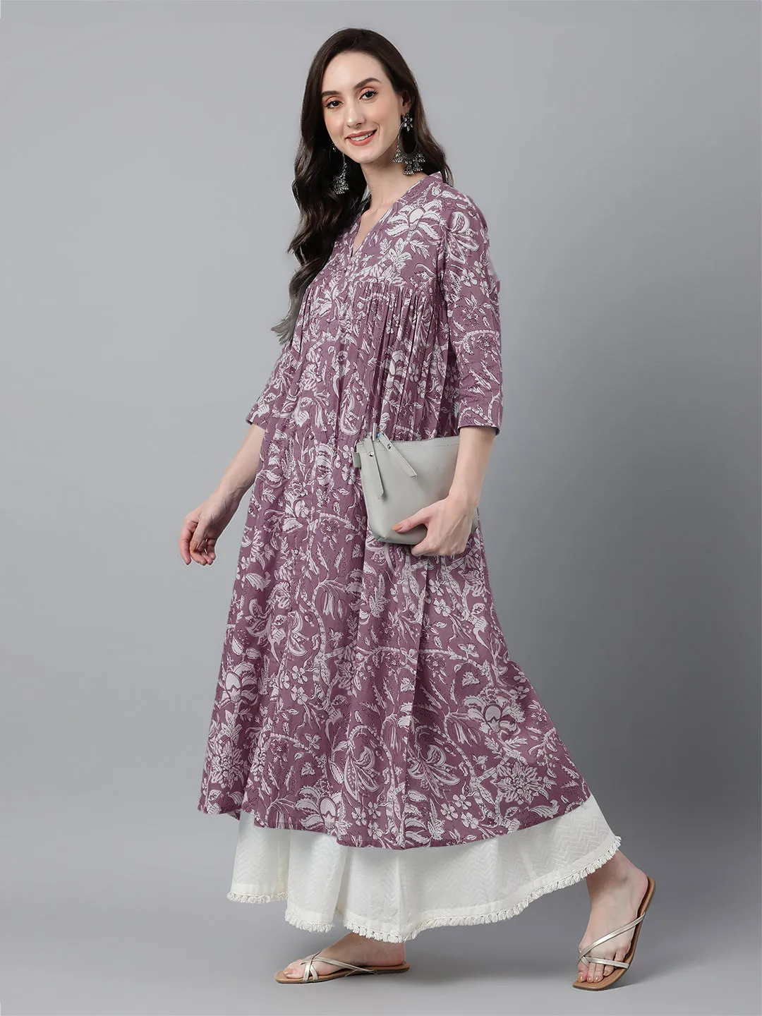 Purple Pure Cotton Floral Printed Flared Kurta