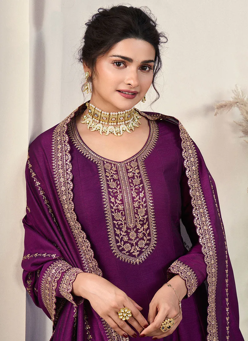 Purple Reshamkari Embroidery Wedding Anarkali Suit