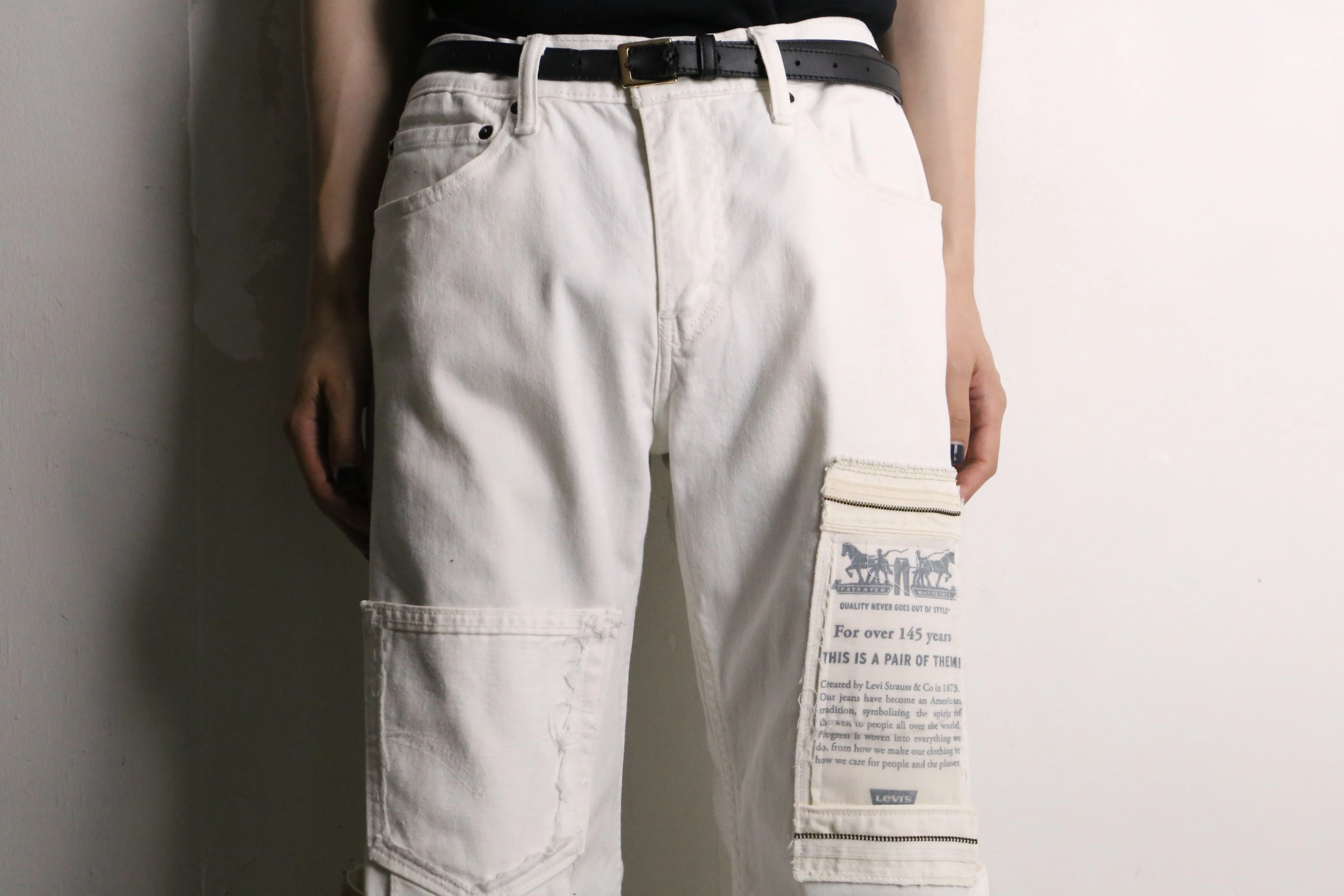 "Re:make" pocket patch design white buggy flare denim