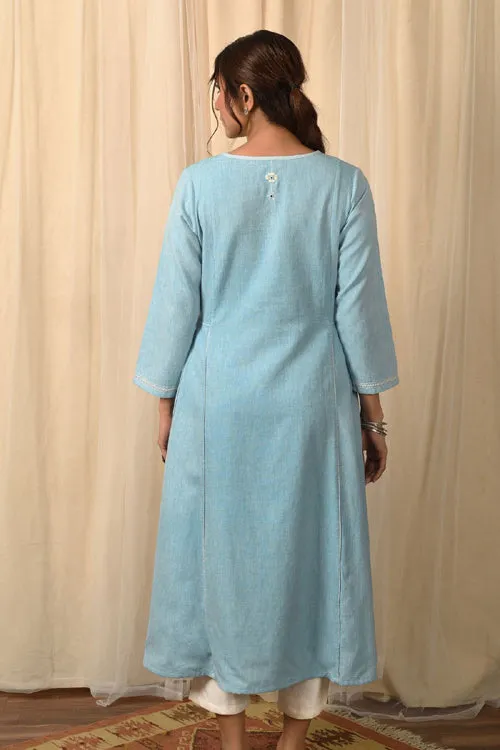 Rangsutra Baori Blue Hand Embroidered 3Q Sleeve Kurta