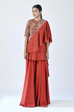 Red Ajrakh Blouse with Ruffled Dupatta and Pants