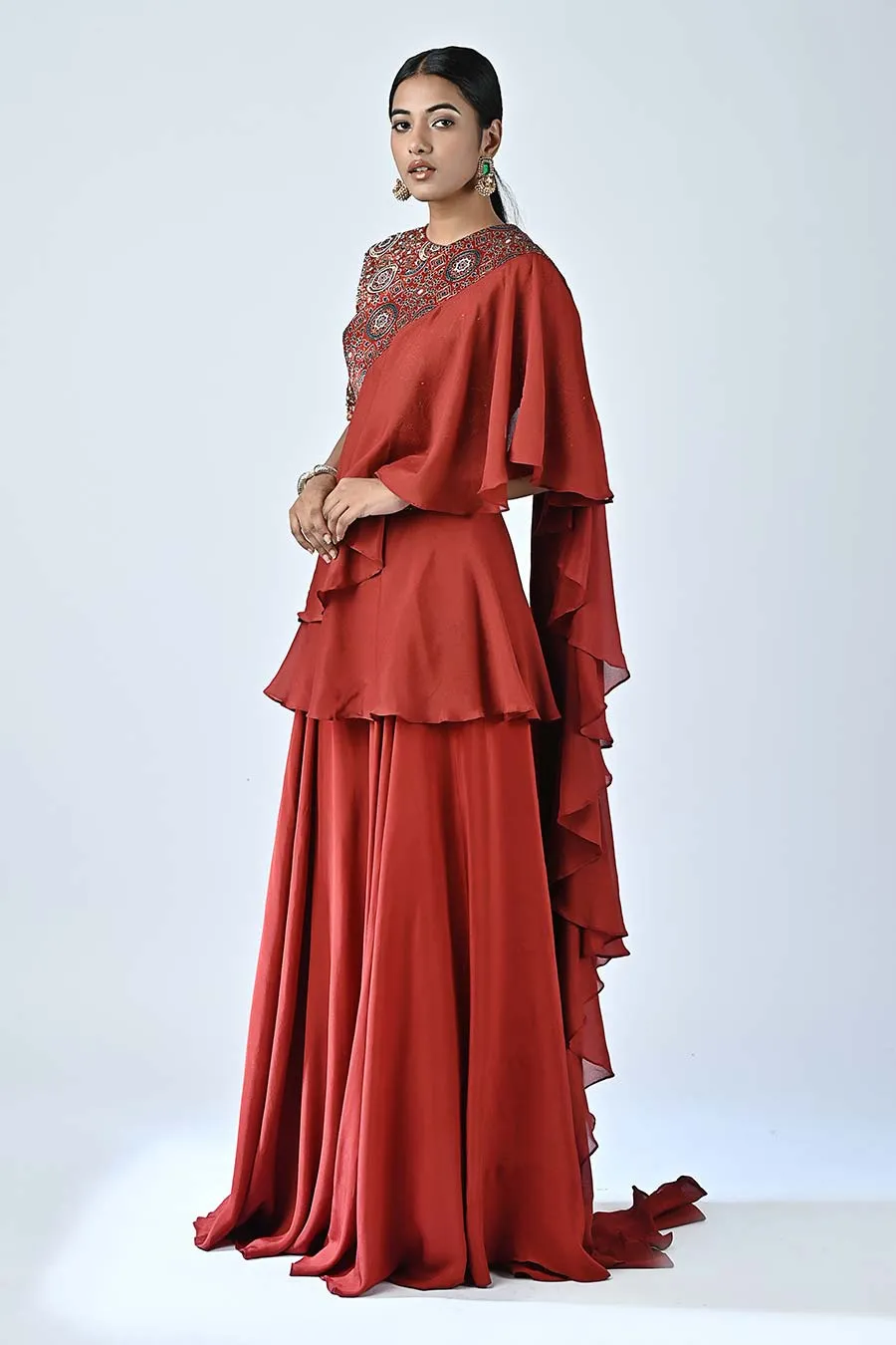 Red Ajrakh Blouse with Ruffled Dupatta and Pants