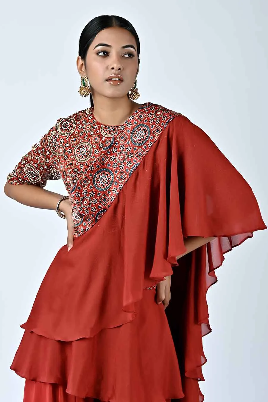 Red Ajrakh Blouse with Ruffled Dupatta and Pants