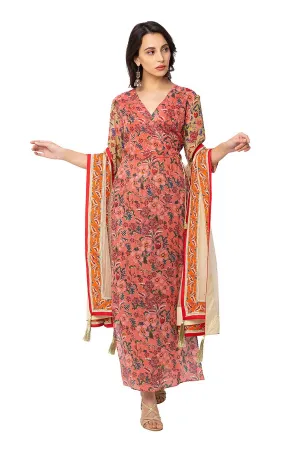 Red Overlap Kurta Set With Dupatta