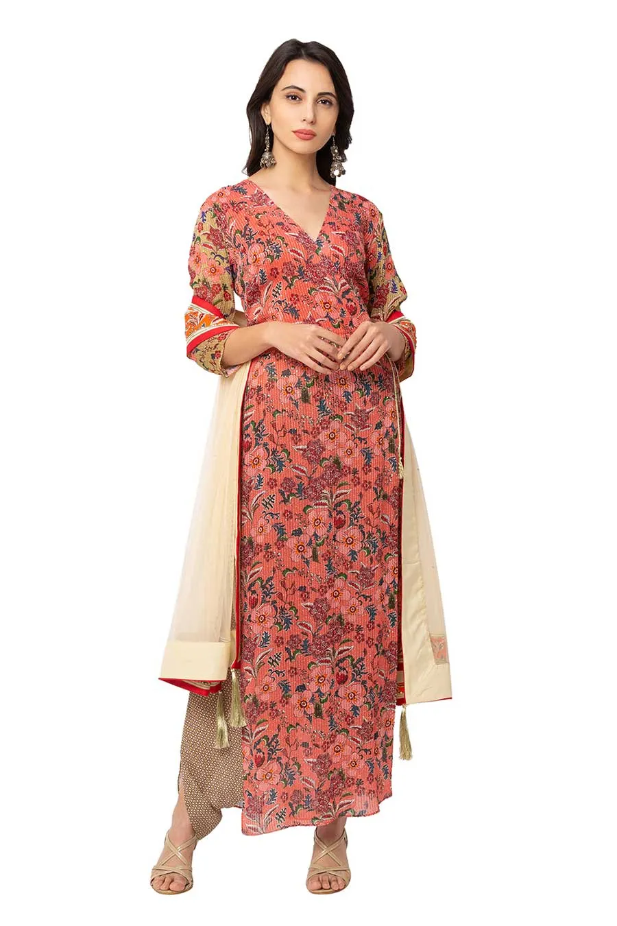 Red Overlap Kurta Set With Dupatta