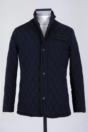 Regular Fit Quilted Nebraska Stand Collar Black Coat, Navy