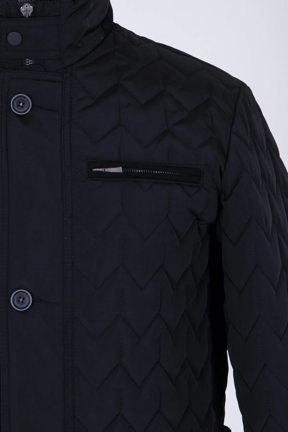 Regular Fit Quilted Stand Collar Navy Coat, Black