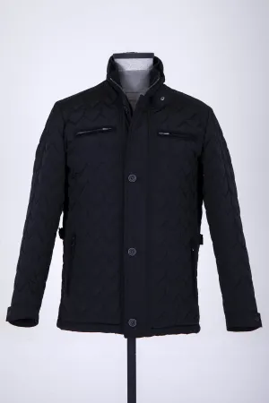 Regular Fit Quilted Stand Collar Navy Coat, Black