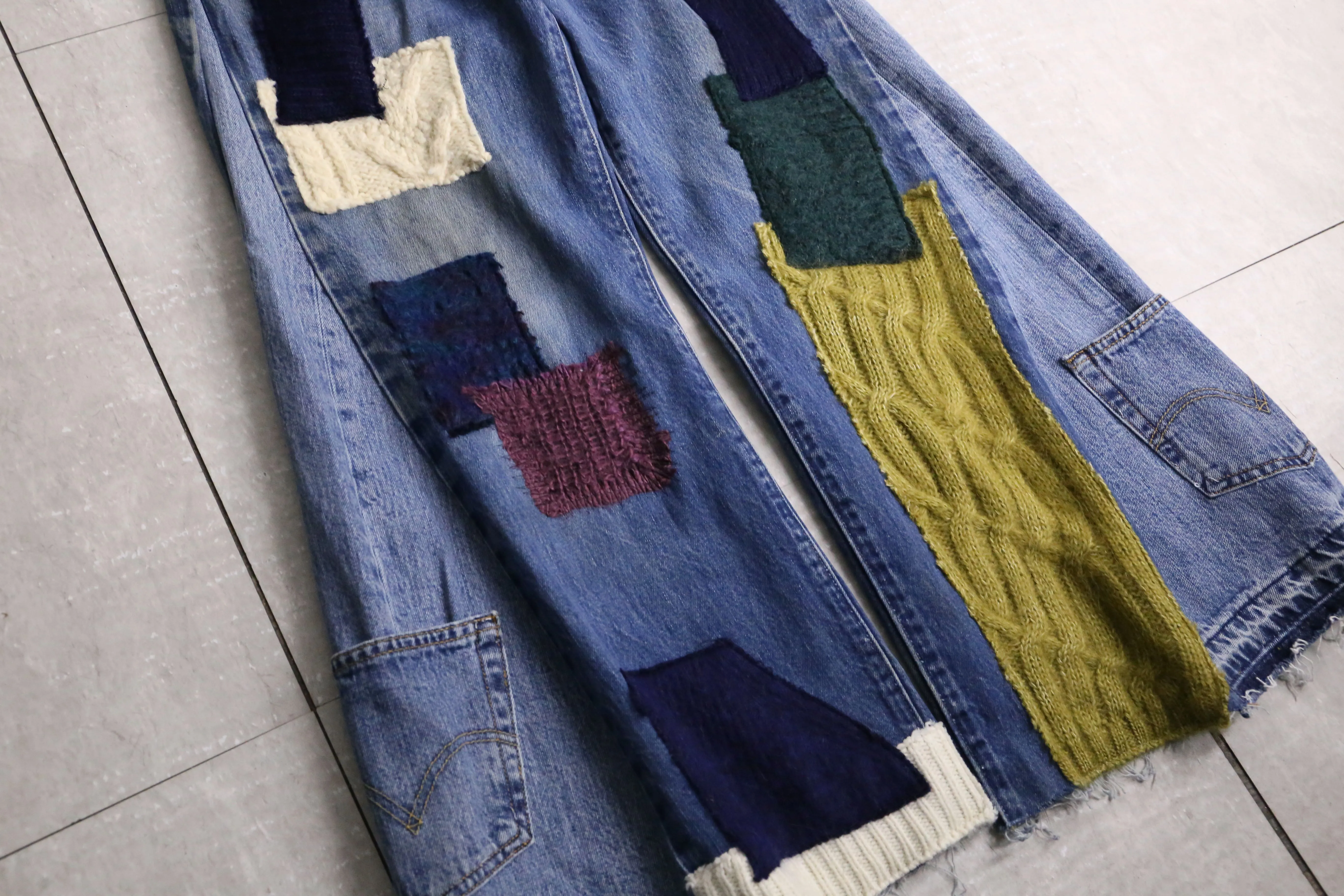 remake "再構築" knit patch work design denim pants