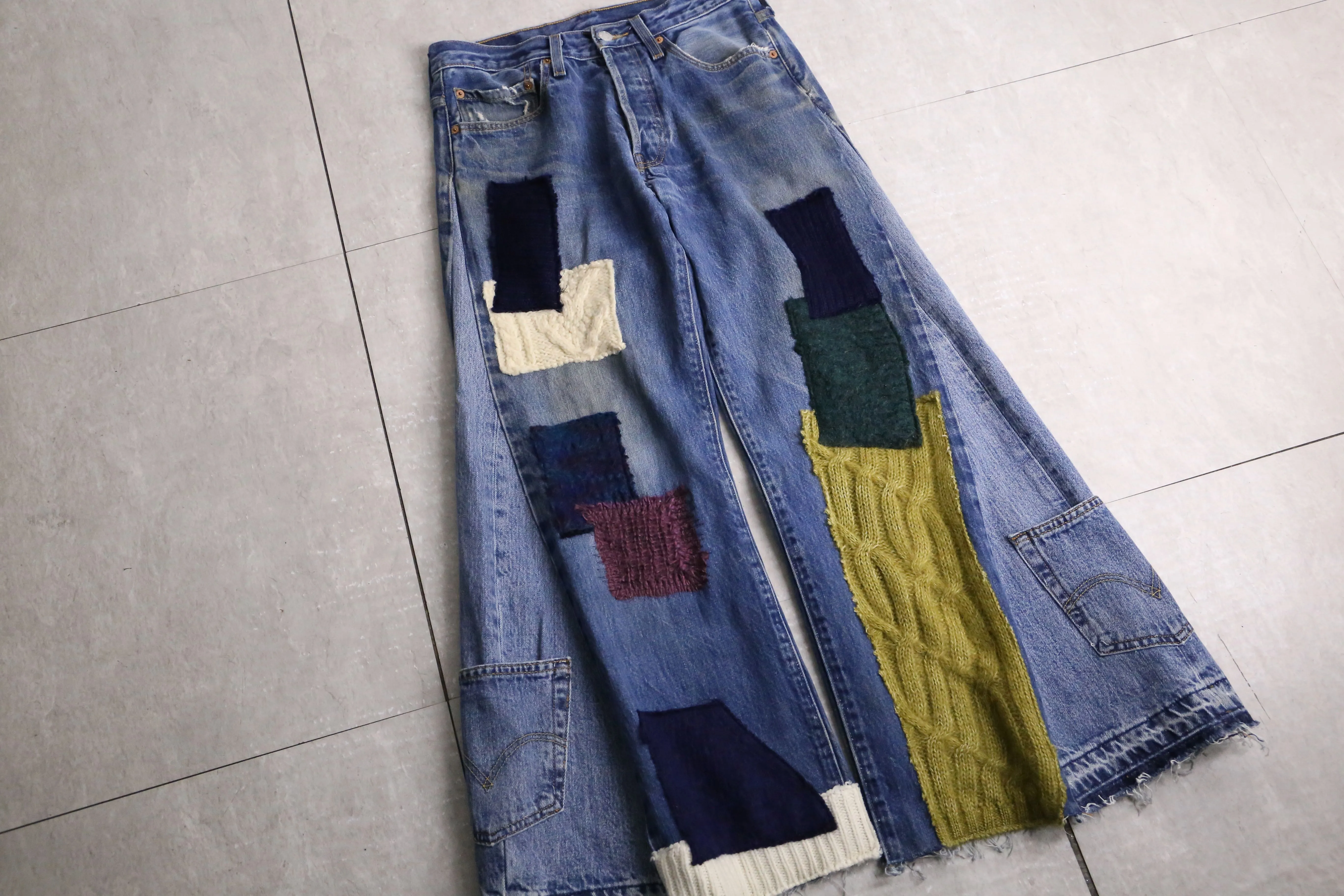 remake "再構築" knit patch work design denim pants