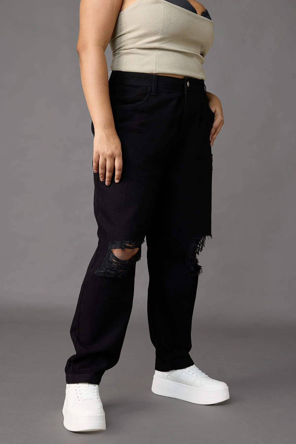 Rocker Rebel Curve Relaxed Fit Torn Black Jeans