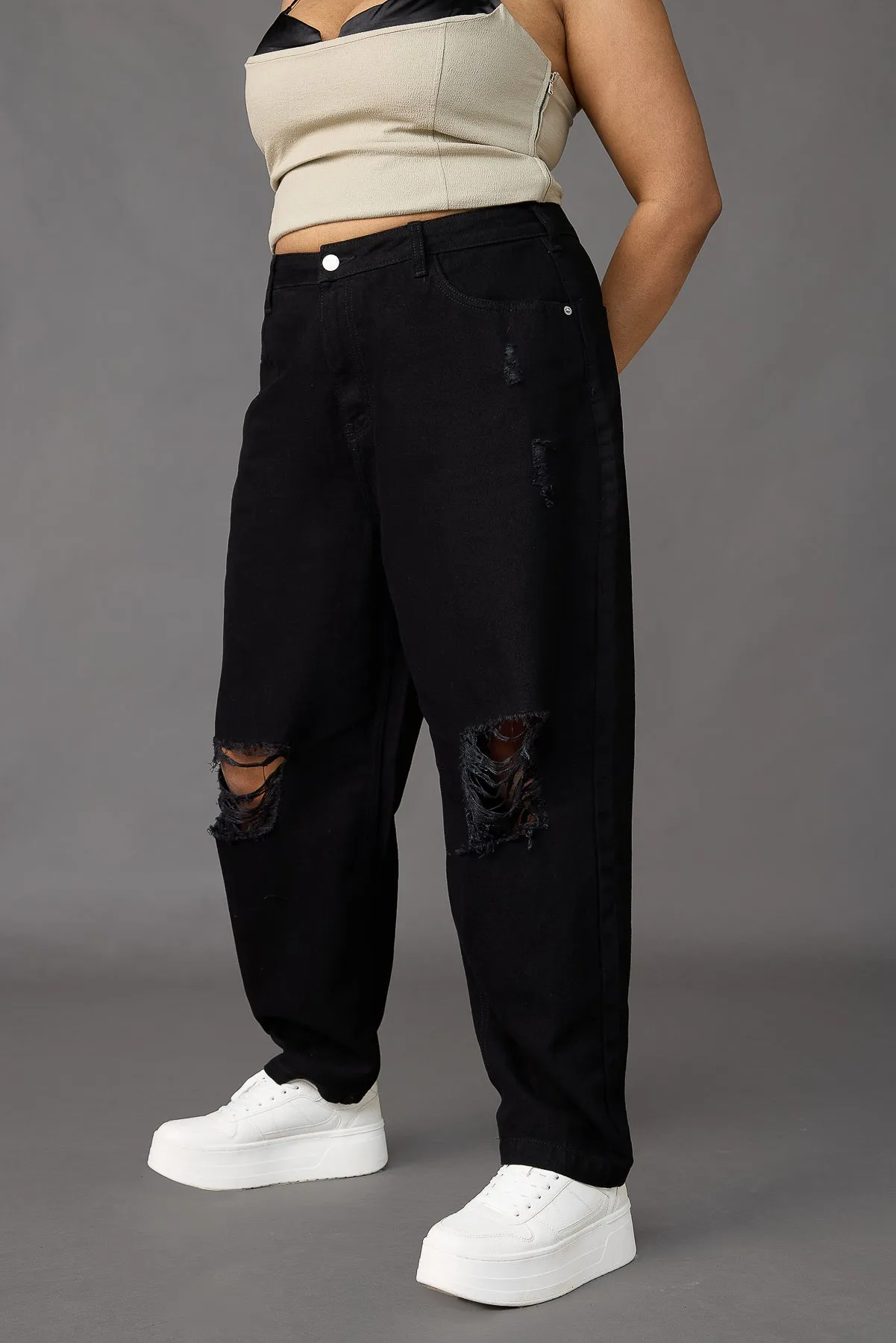 Rocker Rebel Curve Relaxed Fit Torn Black Jeans