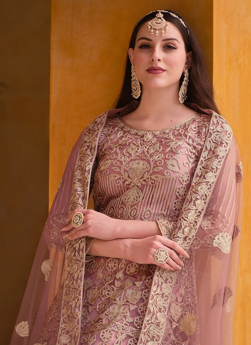 Rose Pink Cording Embroidery Wedding Anarkali Suit