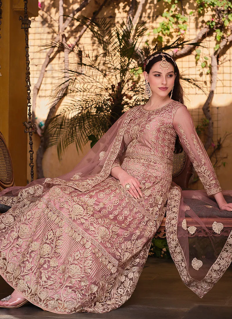 Rose Pink Cording Embroidery Wedding Anarkali Suit