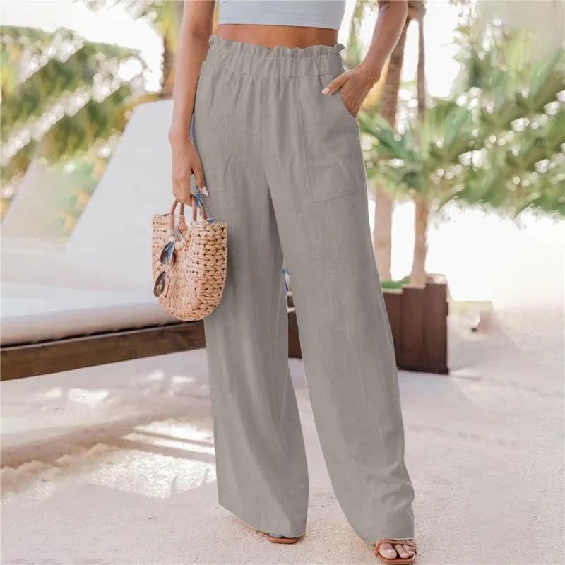 Ruffled Patch Pocket Mid Waist Wide Leg Pants (6 colors)