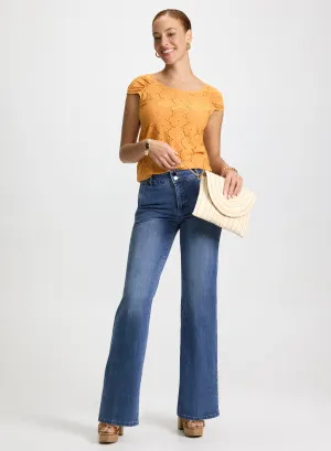 Scoop Neck Eyelet Top & Flared Denim Pants